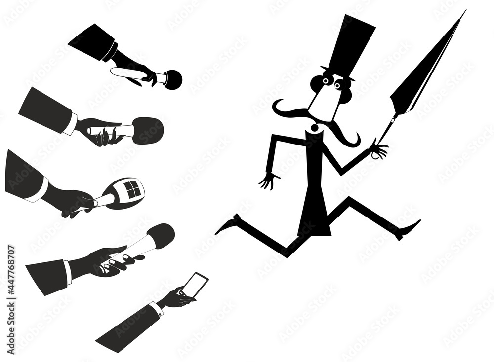 Fototapeta premium Reporters and running away man concept illustration. Hands of reporters with microphones. Running away politician or businessman in the top hat with an umbrella who does not want to give interview