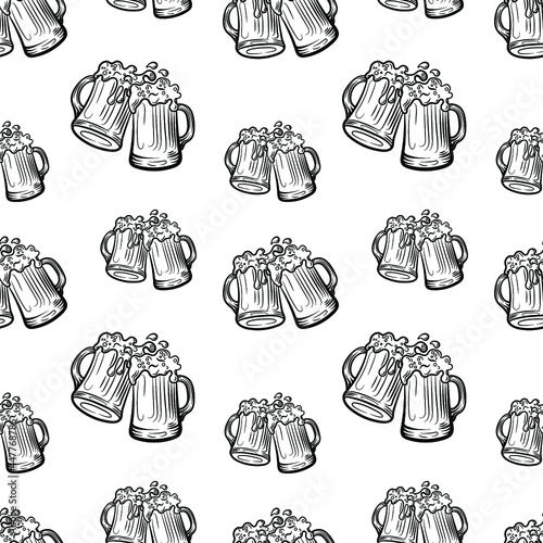 Vector Seamless Pattern, Beer, Beer Mugs on White Background, Black and White Background Template.
