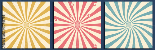 Retro background with starburst or sunburst vector pattern. Set of square composition vintage templates with spiral or swirled radial striped design. Vector illustration 60s, 70s