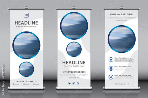 Roll up vertical standee banner design template vector with image and 3 titles. Blue color artwork Information advertisement branding and street business flag exhibition banner. Editable color 3 in 1