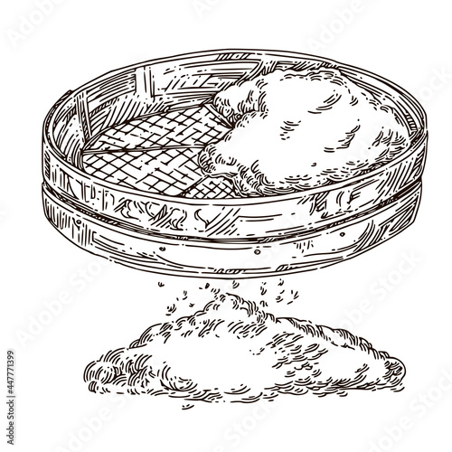 Wooden sieve with flour. Sketch. Engraving style. Vector illustration.