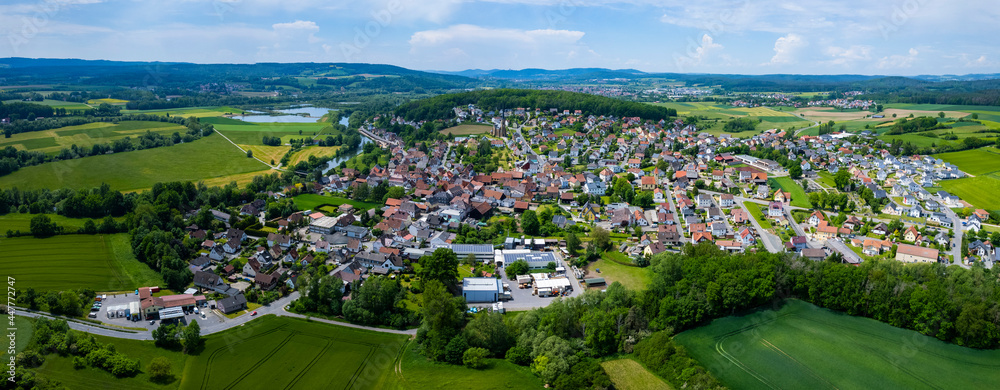Aerial view of the city Schwürbitz in Germany. On a sunny day in spring.