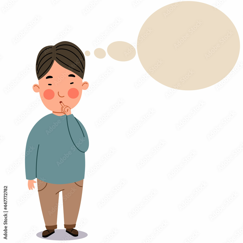 An Asian boy stands with his finger to his mouth. The child is thinking about some idea. The student thinks about it. cloud for text. Vector illustration on a white isolated background.