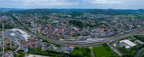 Aerial view around the city Lichtenfels in Germany, Bavaria. On a sunny day in spring.