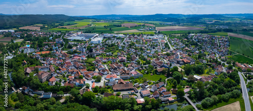 Aerial view of the city Redwitz an der Rodach in Germany, on a sunny day in spring.