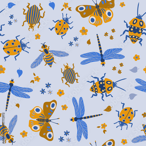 Summer vector illustration with various insects and flowers in blue and yellow colors. Seamless background with insects  butterflies  dragonflies  wasps  beetles  ladybugs. Hand drawn in a flat style