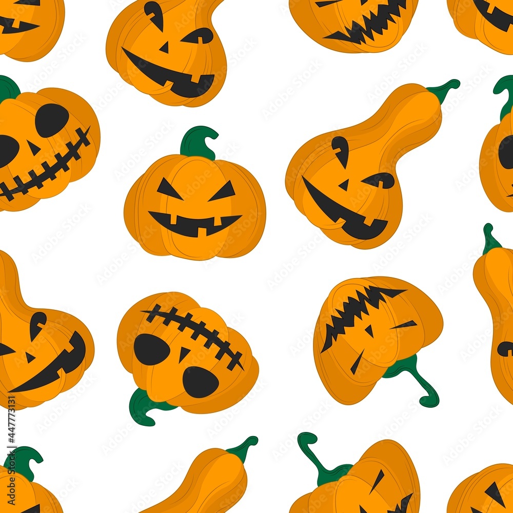 Seamless pattern Halloween pumpkin on a white background. Vector flat illustration. wallpapers, textiles, banners design. Festive theme - pumpkin with smile. Seamless pattern Halloween pumpkin on a white background. Vector flat illustration. wallpapers, textiles, banners design. Festive theme - pumpkin with smile.