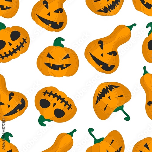 Seamless pattern Halloween pumpkin on a white background. Vector flat illustration. wallpapers, textiles, banners design. Festive theme - pumpkin with smile. 