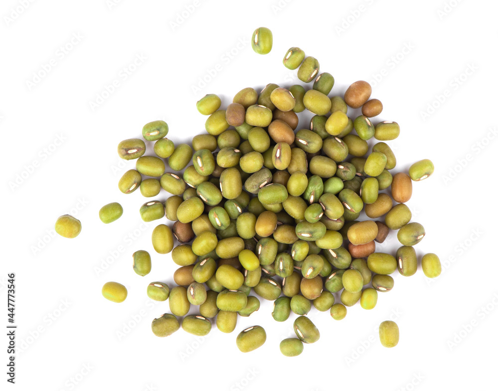 Green mung bean scattered on white background Green mung bean scattered on white background