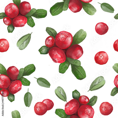 Seamless patter with сranberry berries on a white background. Lingonberry. Digital watercolor illustration