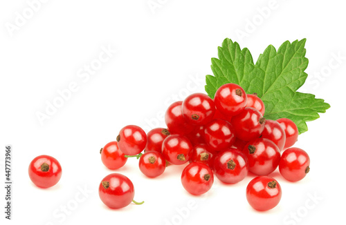 Ripe red currant with green leaf isolated on white background.
