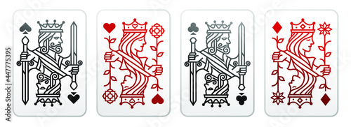 King and queen playing card vector illustration set of hearts, Spade, Diamond and Club, Royal cards design collection