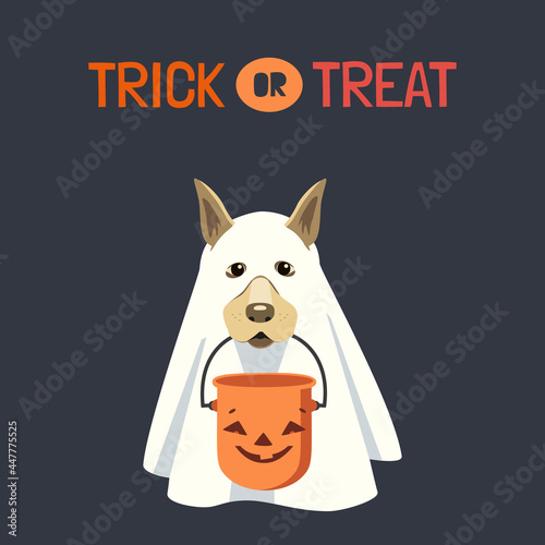 Dog in ghost costume with Halloween bucket vector illustration. Cute spooky ghost dog, candy bucket cartoon design element. Trick or Treat fun background. Happy Halloween holday celebration decoration