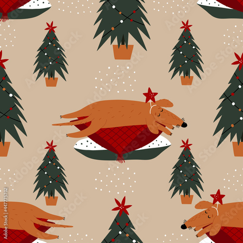 Christmas background with dogs. Festive background with sleeping dachshund dog and Christmas tree. Winter vector background. New Year's design for wrapping paper, fabric, covers and cards.