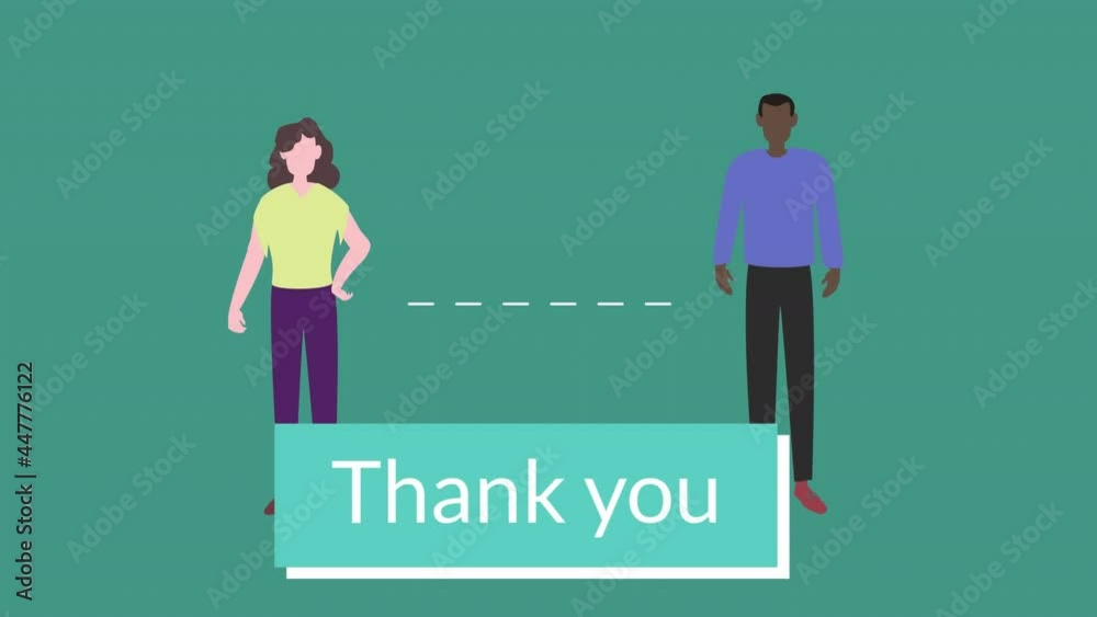 Thank you text banner over man and woman maintain social distancing icons against green background
