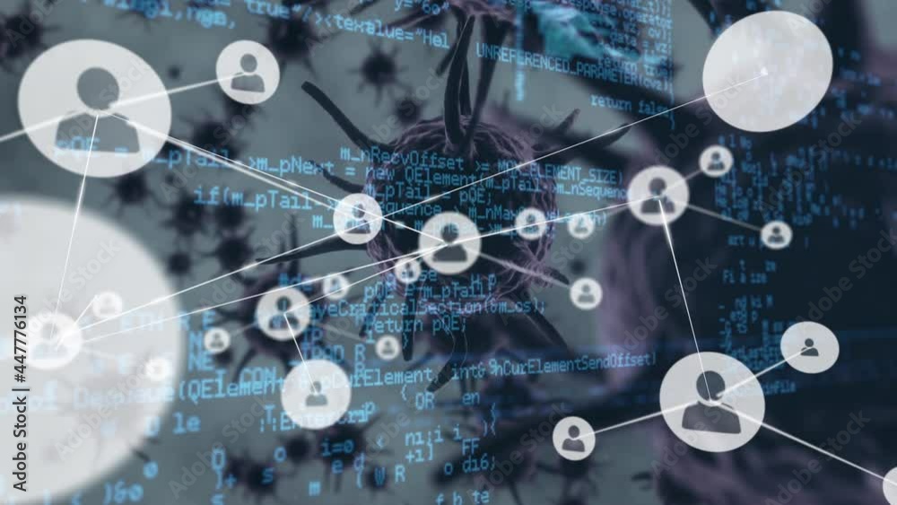 Network of profile icons and data processing over multiple covid-19 cells on grey background Network of profile icons and data processing over multiple covid-19 cells on grey background