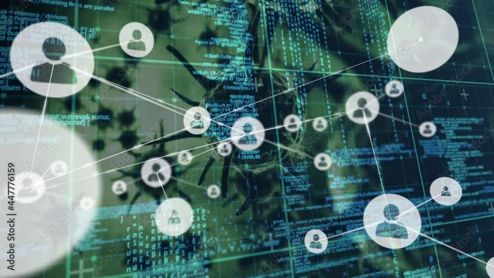 Network of profile icons and data processing over multiple covid-19 cells on green background Network of profile icons and data processing over multiple covid-19 cells on green background