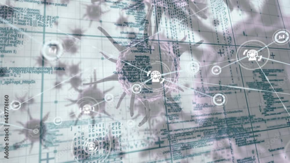 Network of digital icons and data processing over multiple covid-19 cells on grey background Network of digital icons and data processing over multiple covid-19 cells on grey background