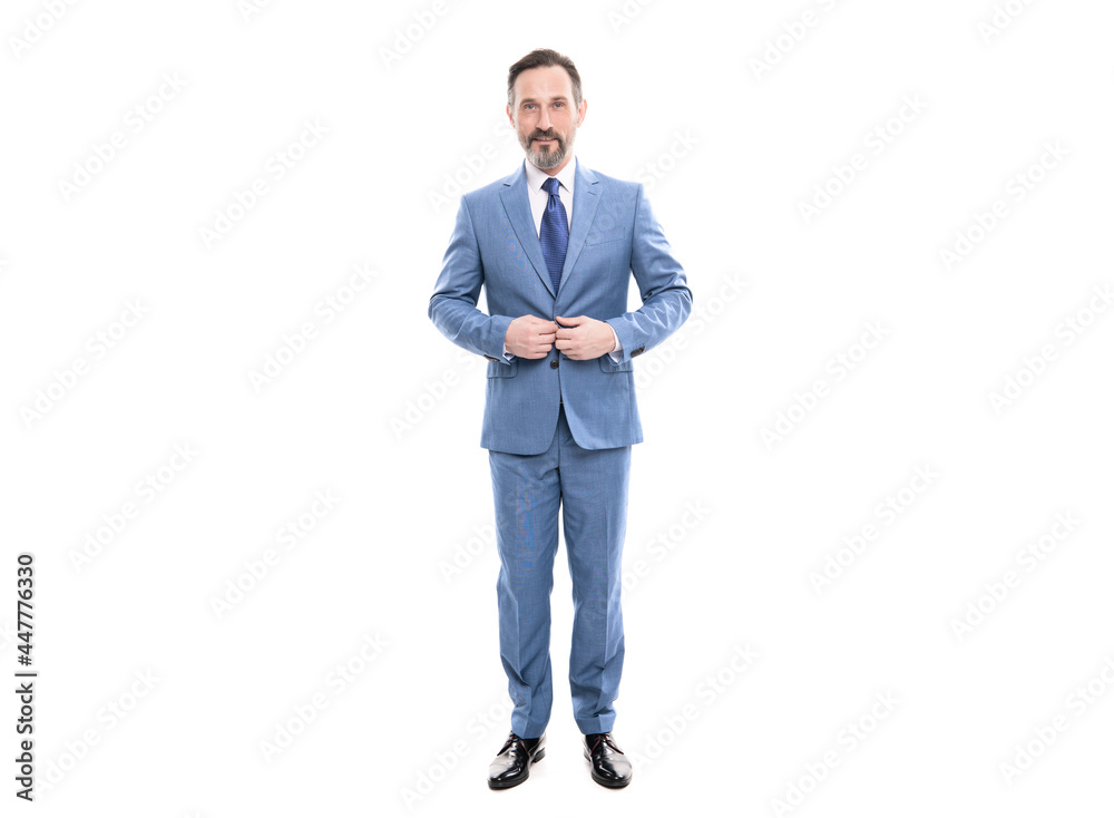 smiling grizzled boss in businesslike suit full length isolated on white, business person smiling grizzled boss in businesslike suit full length isolated on white, business person