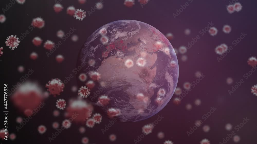 Digital animation of multiple covid-19 cells floating against spinning globe on blue background Digital animation of multiple covid-19 cells floating against spinning globe on blue background