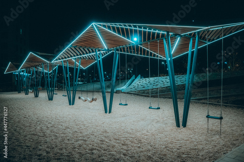 beach huts at night