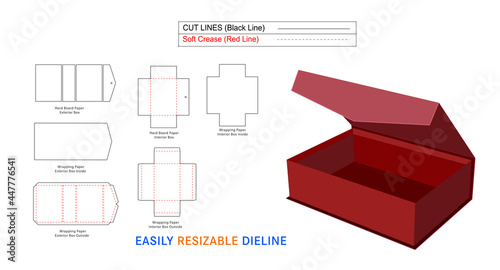 luxury angle face rigid box, Magnetic Rigid Boxes dieline template and 3D box photo
