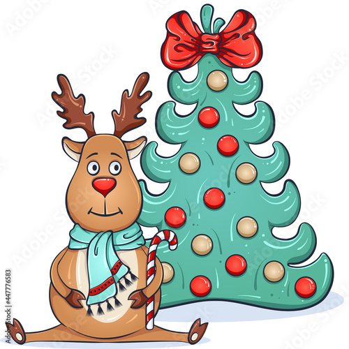 Fototapeta Naklejka Na Ścianę i Meble -  Sitting cute Christmas deer with candy staff in a scarf near the christmas tree. Animal cartoon character. Vector color hand drawn illustration isolated on white. For design, postcards