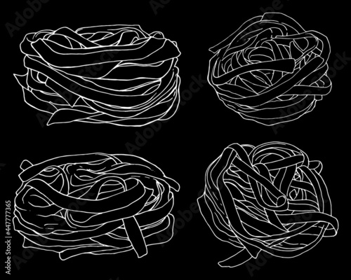 Vector set of fettuccine pasta noodles. hand-drawn in sketch style-contour white isolated set of elements top view and side view noodle nest on a black background, for a menu design template, labels