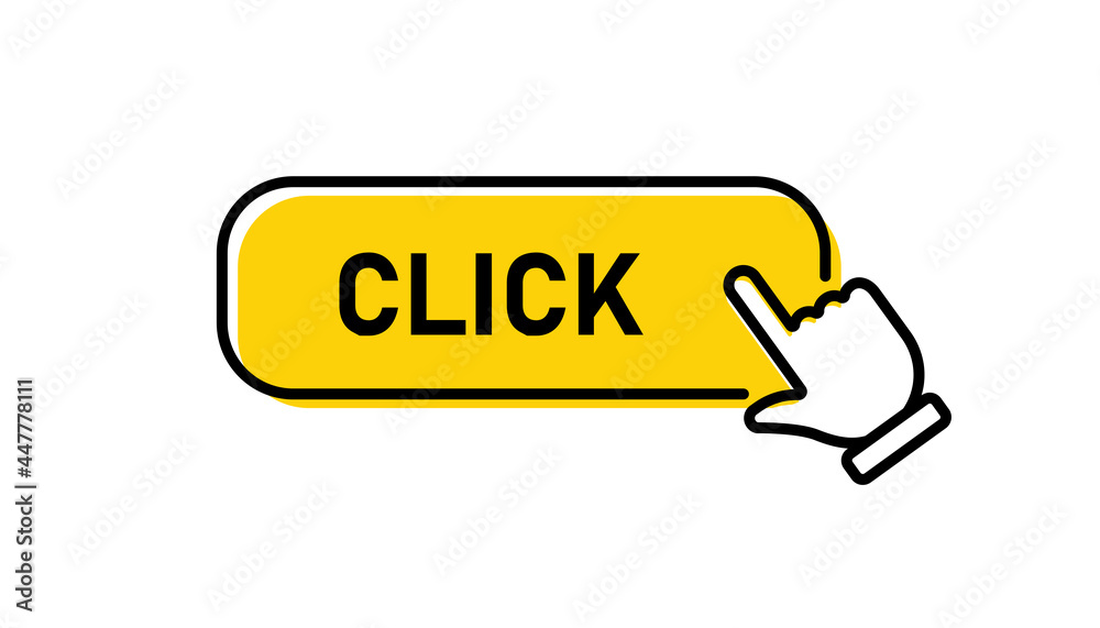 Click here button with hand clicking icon. Click here button with hand clicking icon.
