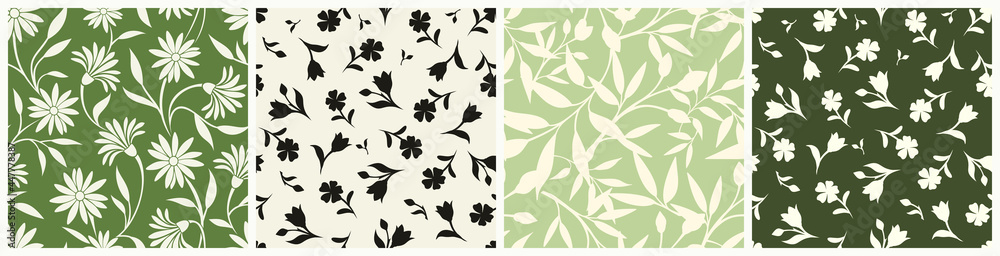 Set of four green and beige floral patterns with flowers and leaves. Vector seamless backgrounds. - obrazy, fototapety, plakaty 