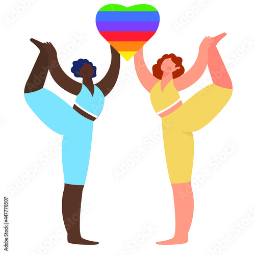 Two women are doing yoga . LGBT Romance and health .