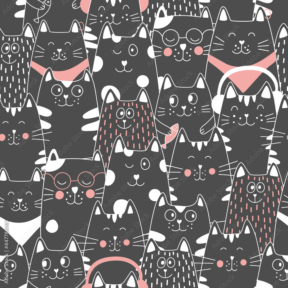 Seamless pattern with doodle cats. Can be used for textile, website background, book cover, packaging. Seamless pattern with doodle cats. Can be used for textile, website background, book cover, packaging.