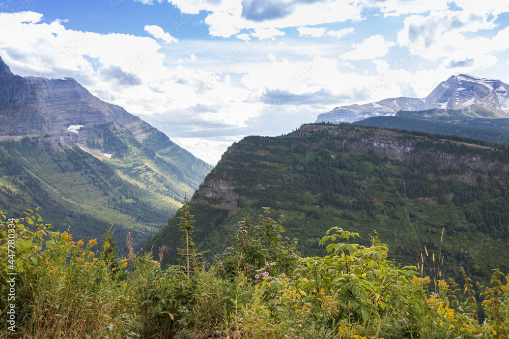 View into valley and mountains in Glacier National Park, Montana, USA