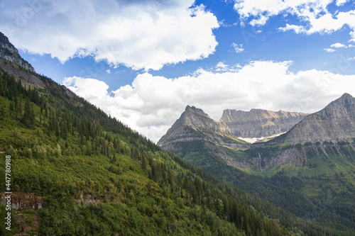 View into valley and mountains in Glacier National Park, Montana, USA