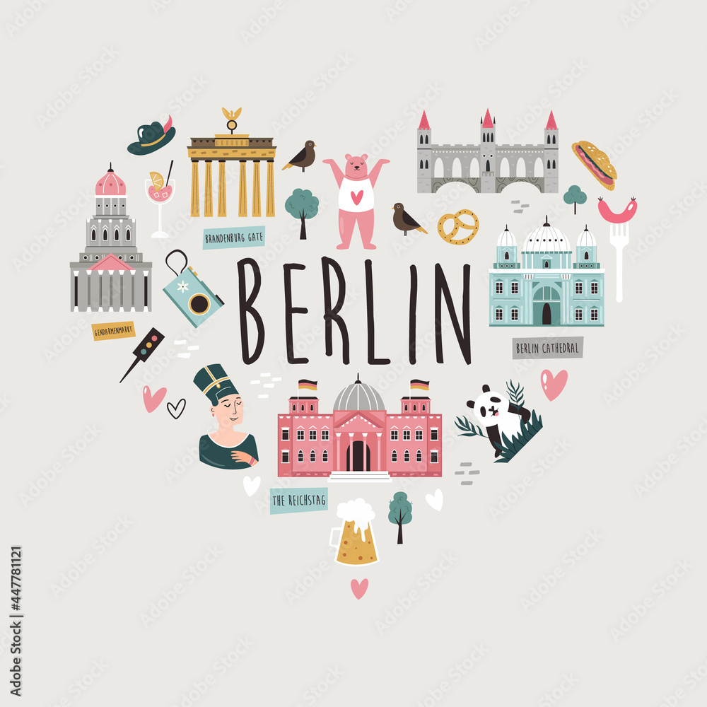 Tourist abstract design with famous destinations and landmarks of Berlin.