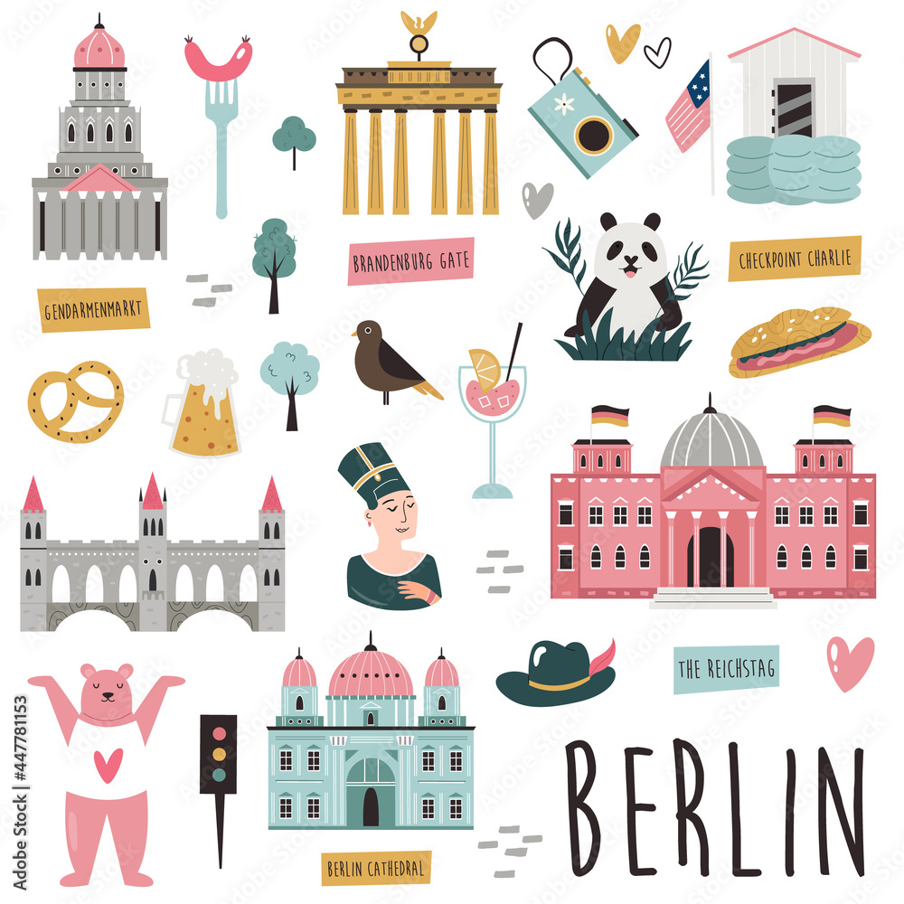 Set of famous symbols and landmarks of Berlin. Vector bright set of