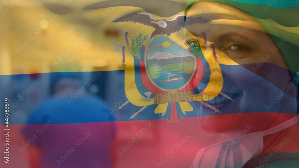 Digital composition of ecuador flag waving against caucasian female surgeon smiling at hospital