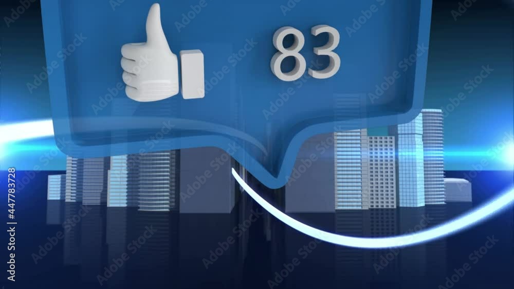 Like icon with increasing numbers on speech bubble against blue light trails over 3d city model Like icon with increasing numbers on speech bubble against blue light trails over 3d city model