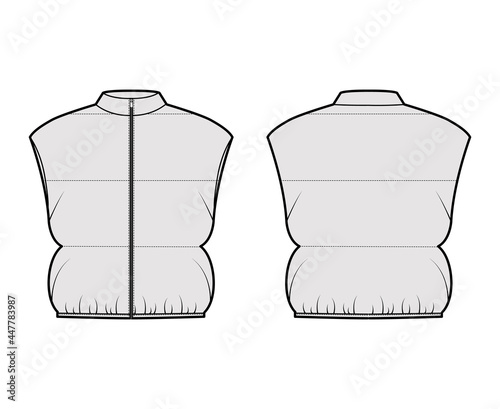 Down vest puffer waistcoat technical fashion illustration with sleeveless, stand collar, zip-up closure, crop length, wide quilting. Flat template front, back, grey color. Women, unisex top CAD mockup