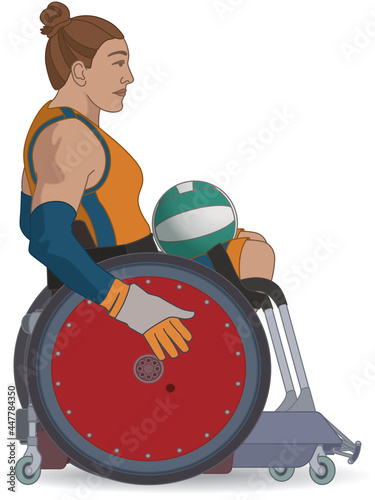 para sports paralympic rugby, physical disabled female athlete sitting in specialized wheelchair isolated on a white background