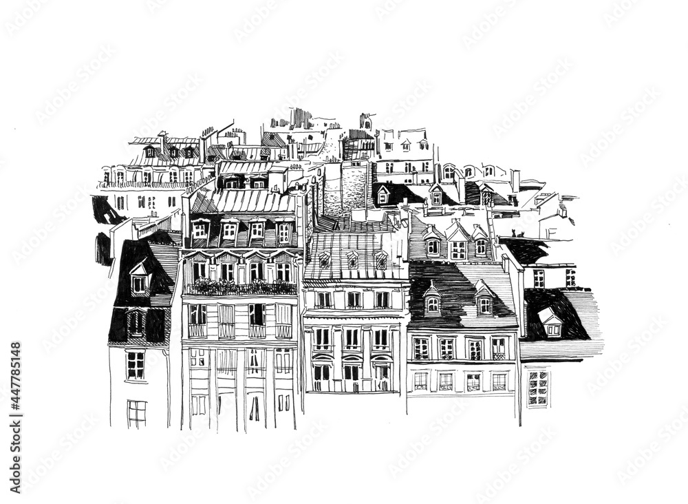 Drawing graphics Paris roof. Hand drawn illustration. Is perfect for interior print decoration, postcard, fabric, sketchbook cover.