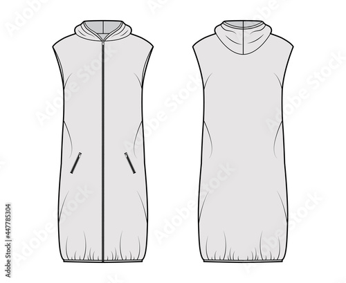 Down vest puffer waistcoat technical fashion illustration with hoody collar, zip-up closure, pockets, loose fit, knee length. Flat template front, back, grey color style. Women, men, top CAD mockup