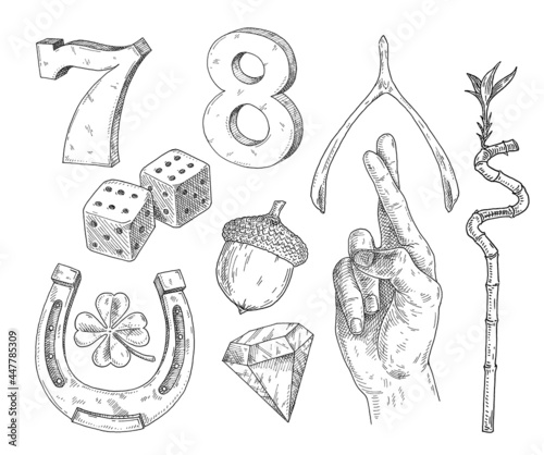 Set lucky symbols. Vintage hatching monochrome black illustration. Isolated on white
