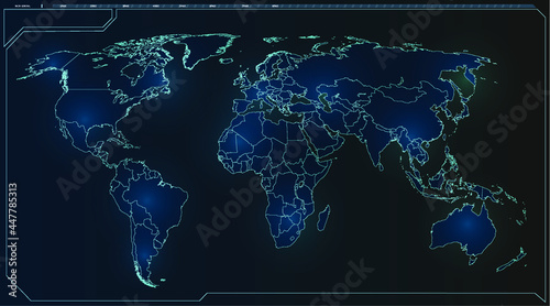 World map network connection lines background. Magic blue portal on futuristic background. Magic circle teleport podium. GUI, UI, 3d virtual reality projector. Abstract hologram technology. Vector