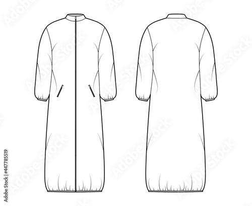 Jacket padded shell coat puffer technical fashion illustration with long sleeve, stand collar, maxi length, zip-up closure. Flat template front, back, white color style. Women, men, unisex CAD mockup