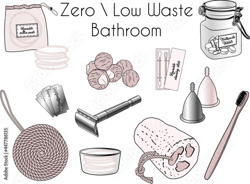 Eco friendly zero waste bathroom kit tools illustrations. Reusable cotton pads, toothpaste tablets, jude sponge, bamboo toothbrush, ear sticks, soap nuts, loofah