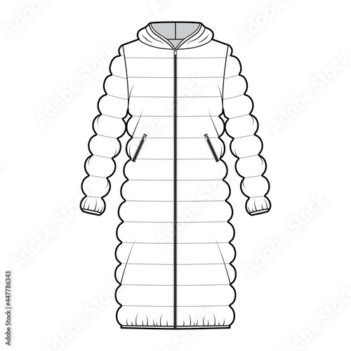 Hooded quilted shell down coat jacket puffer technical fashion illustration with long sleeve, knee length, oversized. Flat template front, white color style. Women, men, unisex top CAD mockup