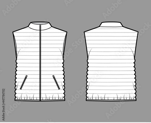 Down vest puffer waistcoat technical fashion illustration with stand collar, pockets, loose fit, hip length, narrow quilting. Flat template front, back, white color. Women, men, unisex top CAD mockup