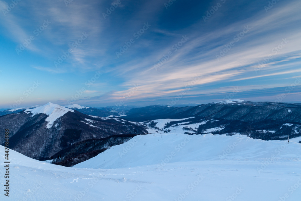 Bieszczady in winter seen from the top of Polonina Wetlinska, the Bieszczady Mountains, the Carpathians, Polonina Carynska Bieszczady in winter seen from the top of Polonina Wetlinska, the Bieszczady Mountains, the Carpathians, Polonina Carynska