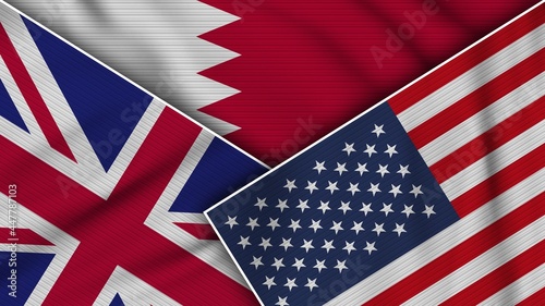 Bahrain United States of America United Kingdom Flags Together Fabric Texture Effect Illustration
